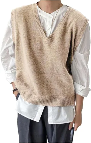 SHENHE Men's V Neck Sleeveless Plain Soft Sweater Vest Pullover Preppy Top