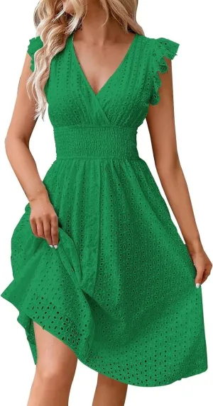 Summer Dresses for Women V Neck Ruffle Flutter Sleeve Aline Hollow Out Eyelet Dresses Elegant Vacation Beach Dress