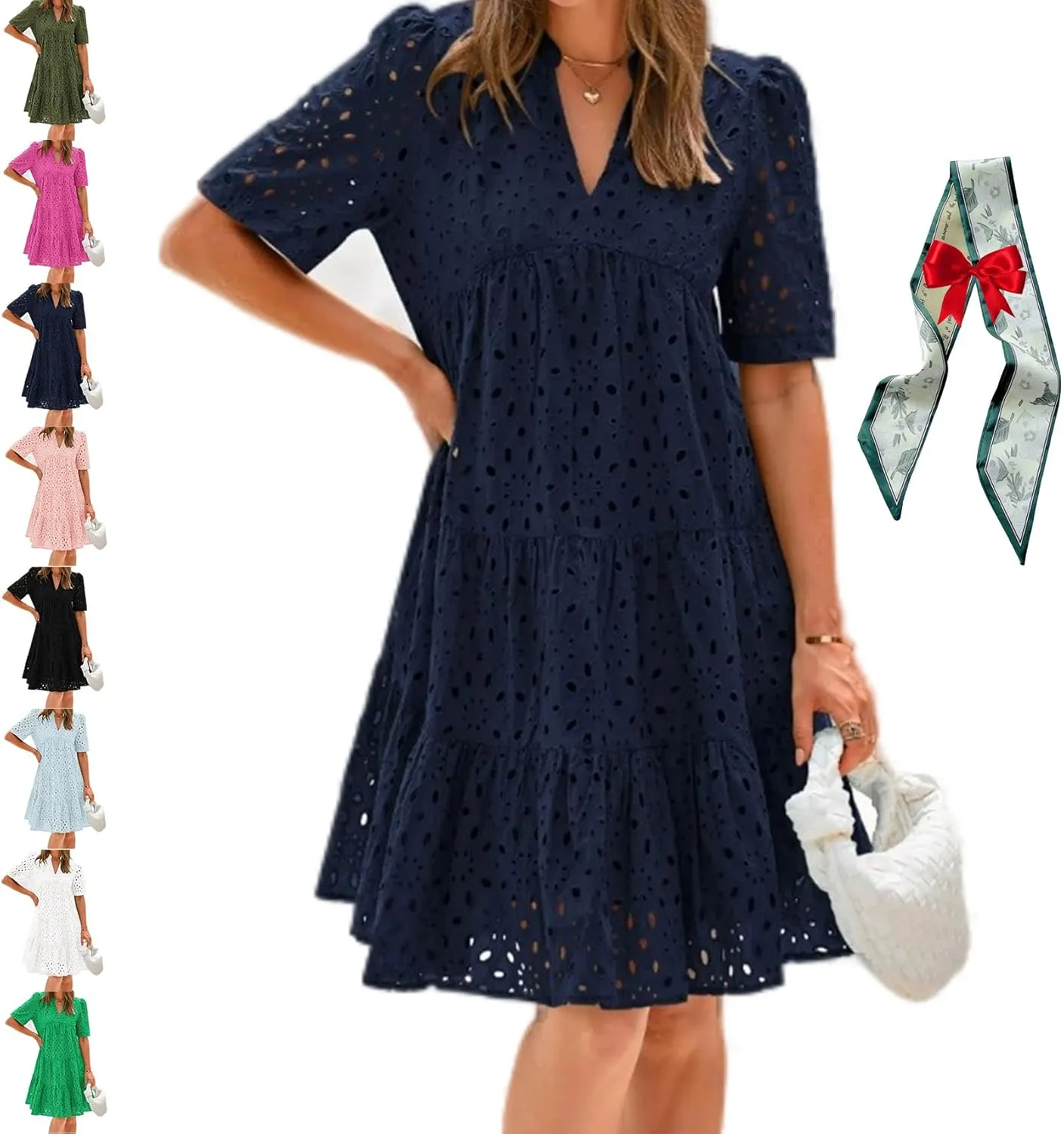 The Beauty North Eyelet Dress, Women Summer Ruffle Hem Lace Eyelet Dress, Women's Elegant Hollow Out Lace Ruffle Casual