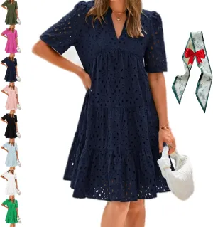 The Beauty North Eyelet Dress, Women Summer Ruffle Hem Lace Eyelet Dress, Women's Elegant Hollow Out Lace Ruffle Casual