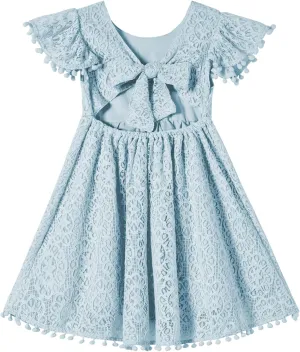 Toddler Girls Lace Dress Baby Kids Tie Back Bow Pom Pom Ruffle Sleeve Backless Party Princess Dresses