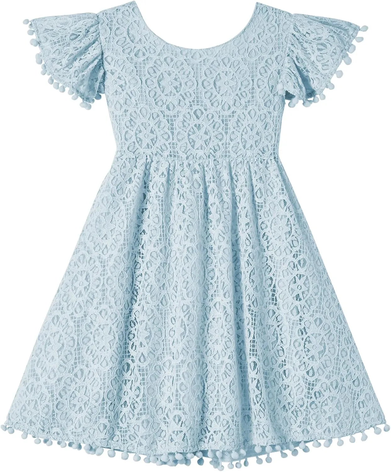 Toddler Girls Lace Dress Baby Kids Tie Back Bow Pom Pom Ruffle Sleeve Backless Party Princess Dresses