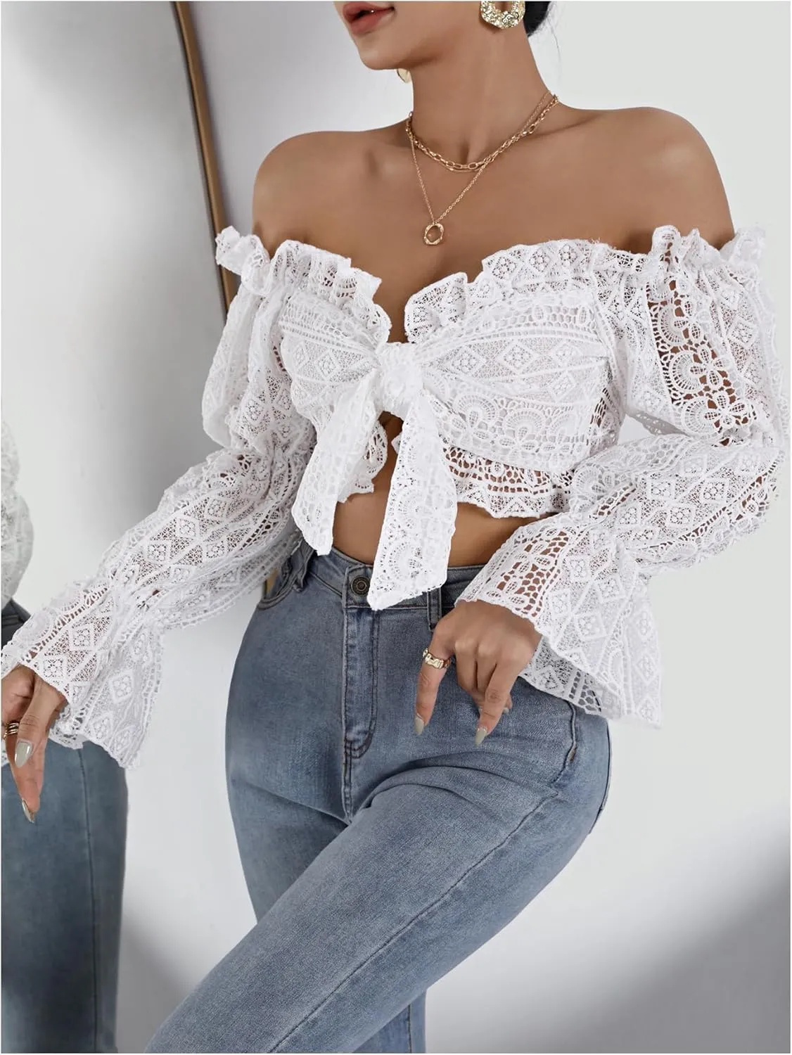 WDIRARA Women's Deep V Neck Tops Ruffle Trim Bell Sleeve Tie Front Lace Crop Top Sexy Tops for Women