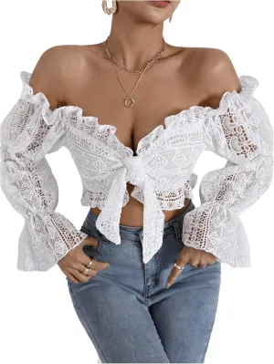 WDIRARA Women's Deep V Neck Tops Ruffle Trim Bell Sleeve Tie Front Lace Crop Top Sexy Tops for Women