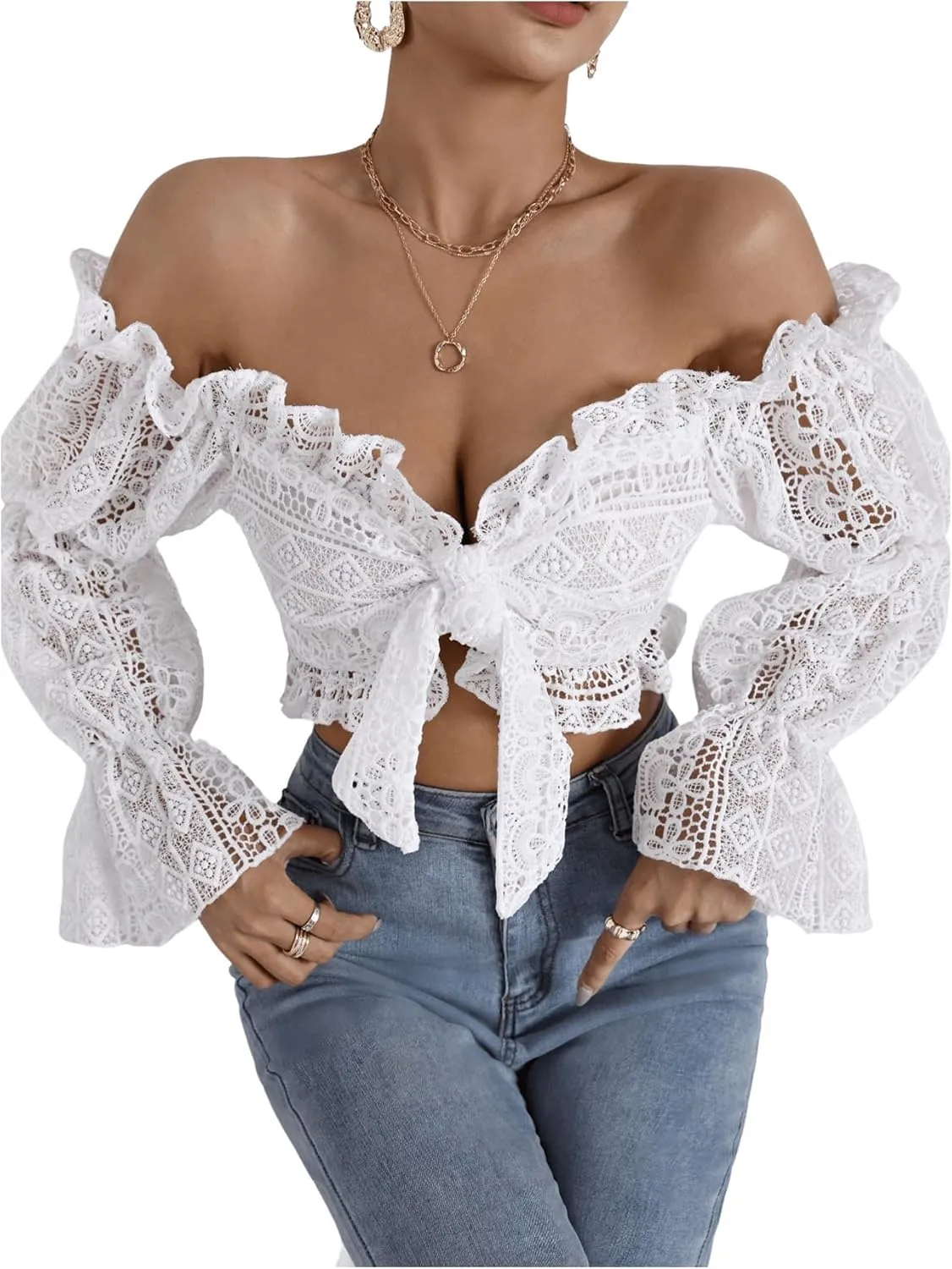 WDIRARA Women's Deep V Neck Tops Ruffle Trim Bell Sleeve Tie Front Lace Crop Top Sexy Tops for Women