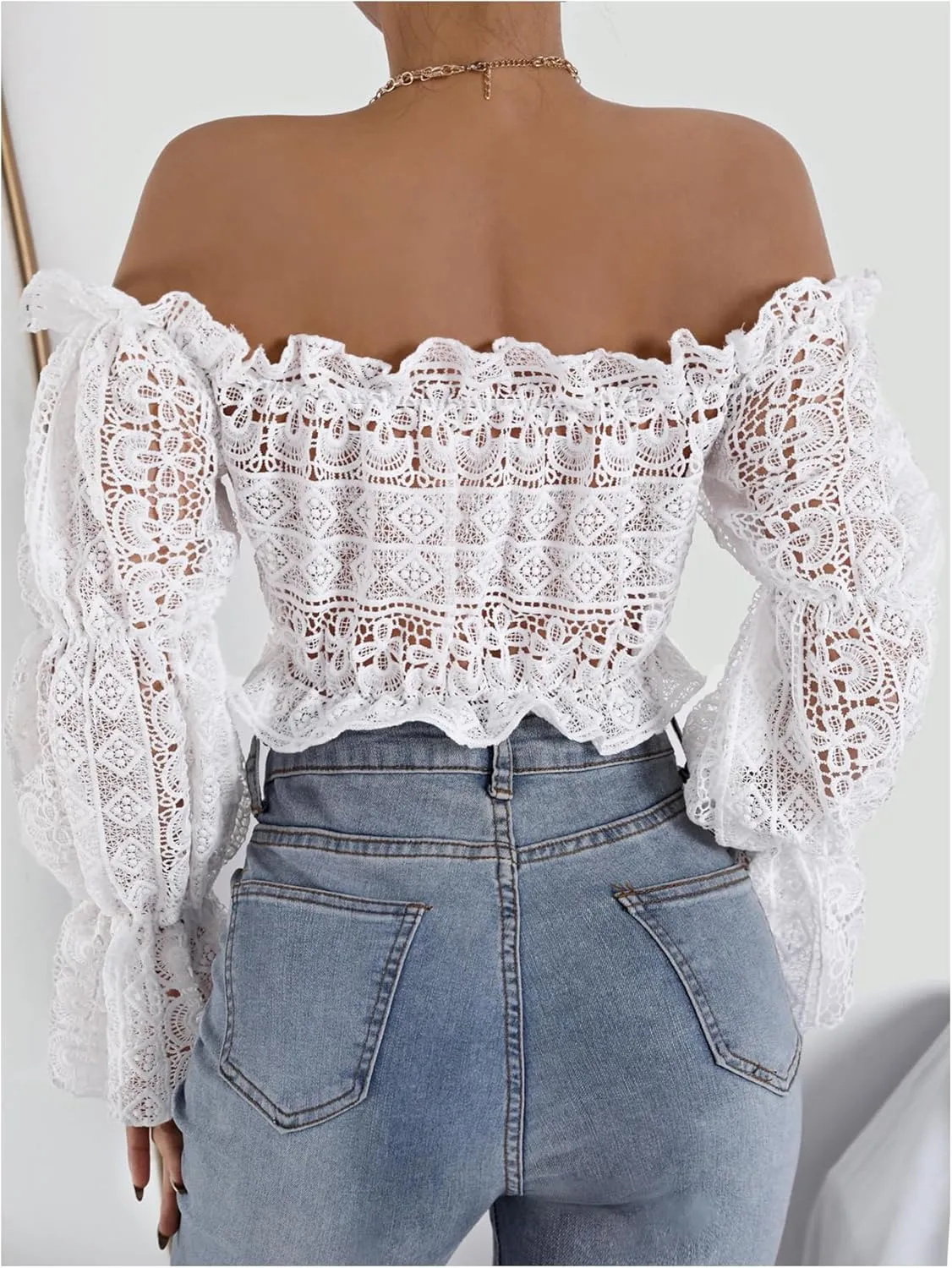 WDIRARA Women's Deep V Neck Tops Ruffle Trim Bell Sleeve Tie Front Lace Crop Top Sexy Tops for Women