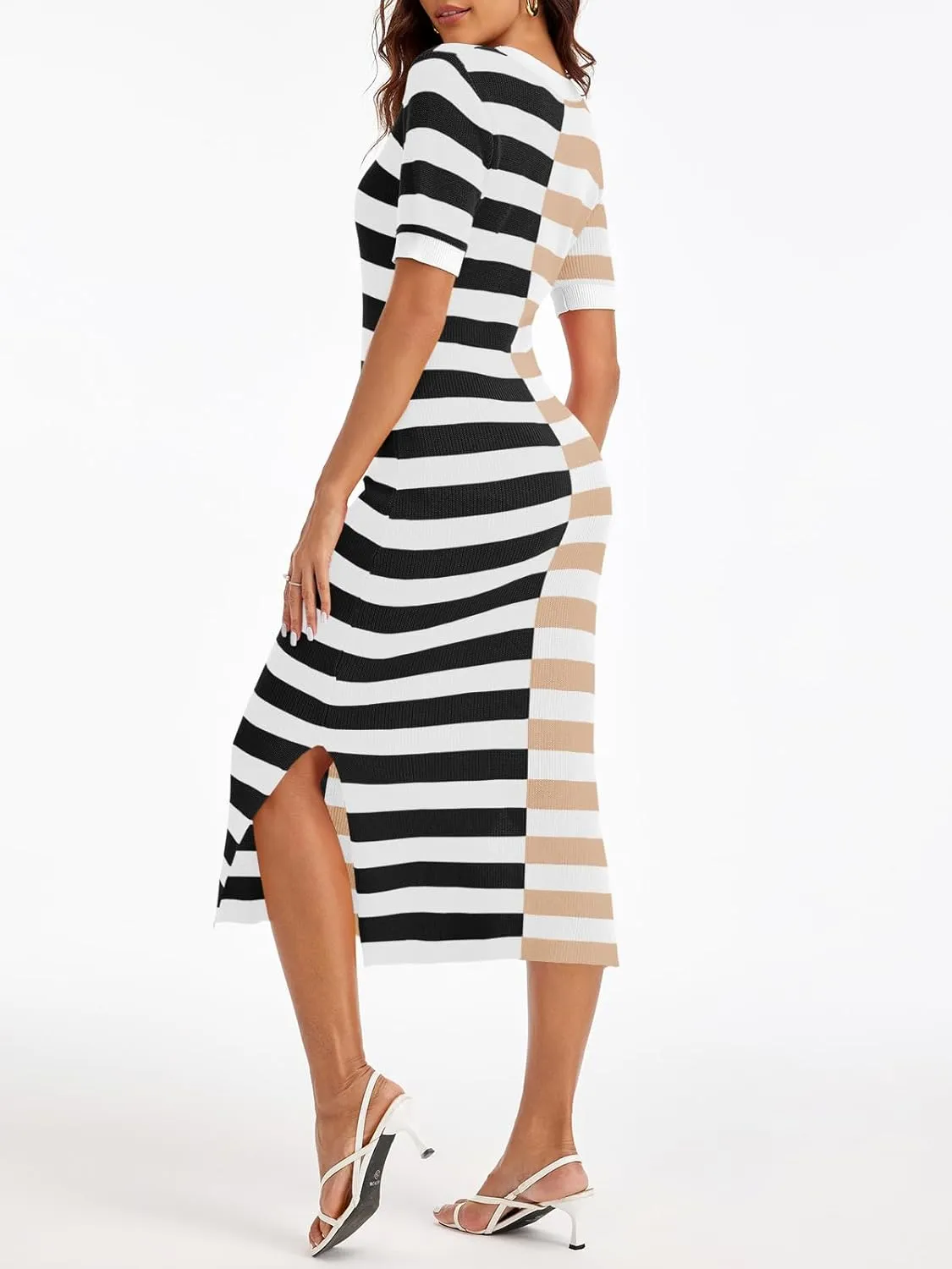 Wenrine Womens Short Sleeve Striped Dress Summer Knitted Scoop Neck Color Block Casual Maxi Dress