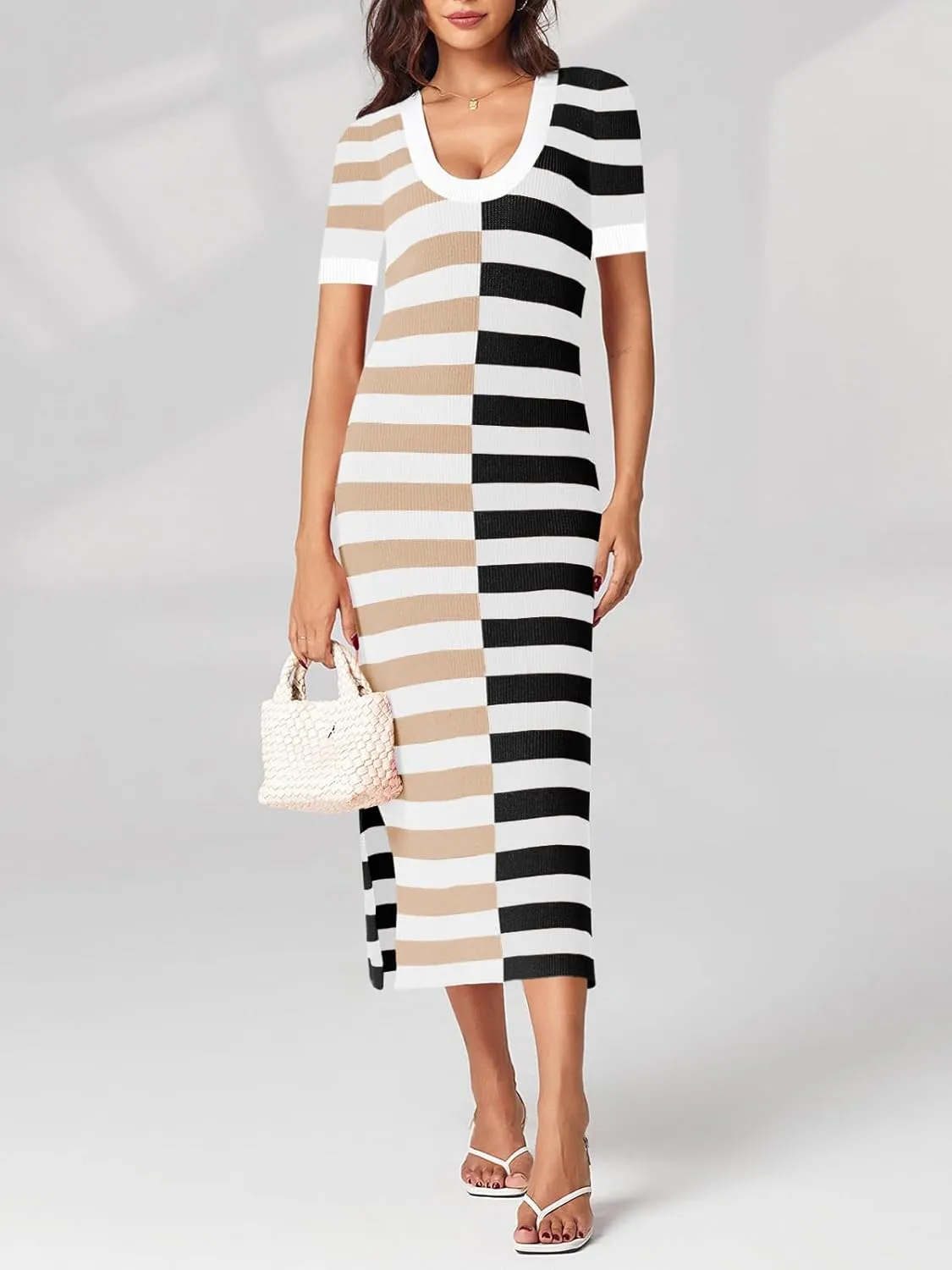 Wenrine Womens Short Sleeve Striped Dress Summer Knitted Scoop Neck Color Block Casual Maxi Dress