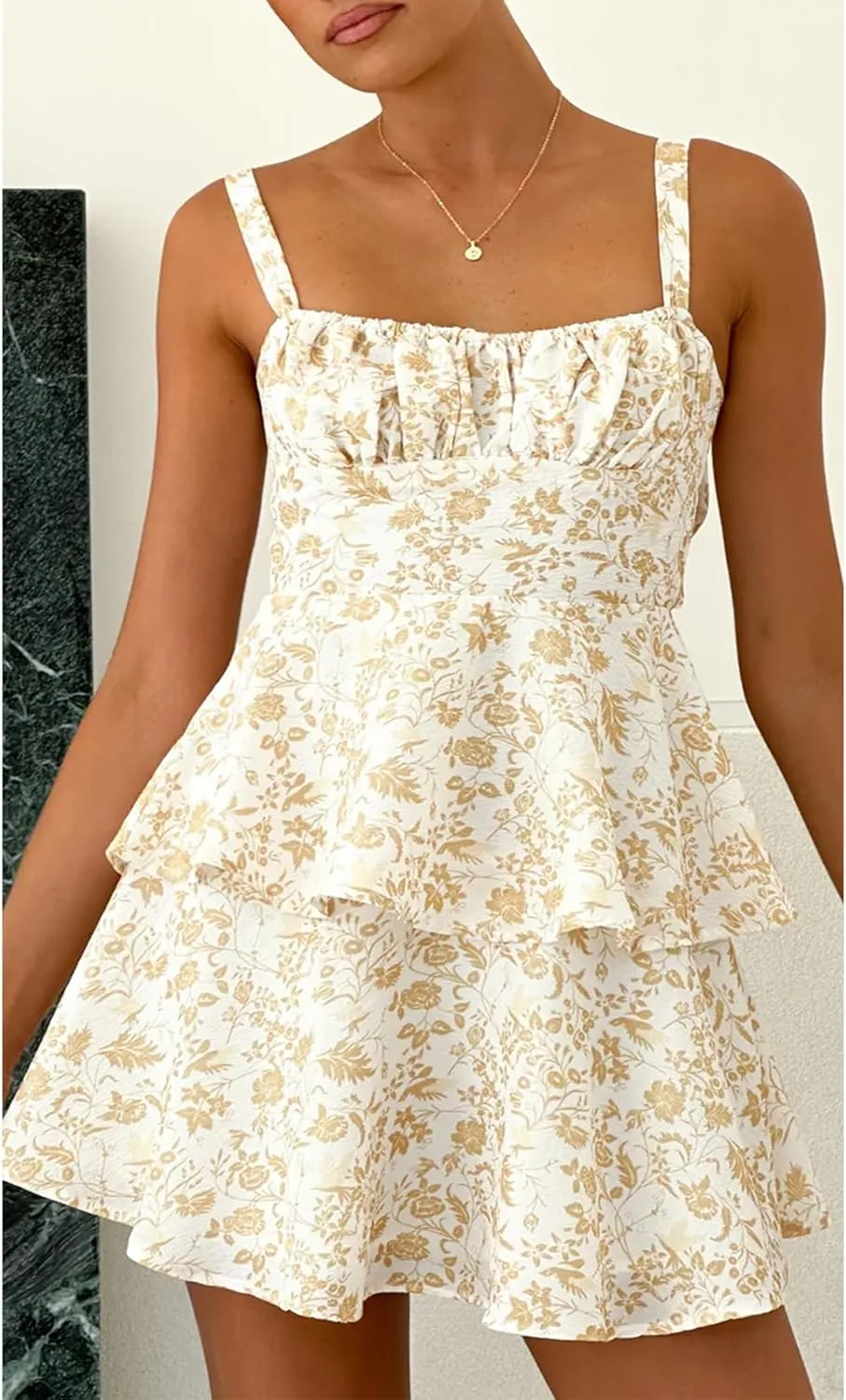 Women Y2k Boho Ruffle Mini Dress Floral Spaghetti Strap Bowknot Short Dresses Tiered Square Neck Sleeveless Sundress