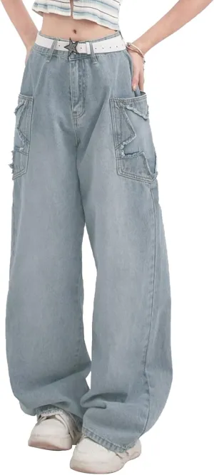 Womens Baggy Jeans Y2K Star Pocket Denims Grunge Teen Girls High Waist Casual Cute Causal Loose Denim Pants