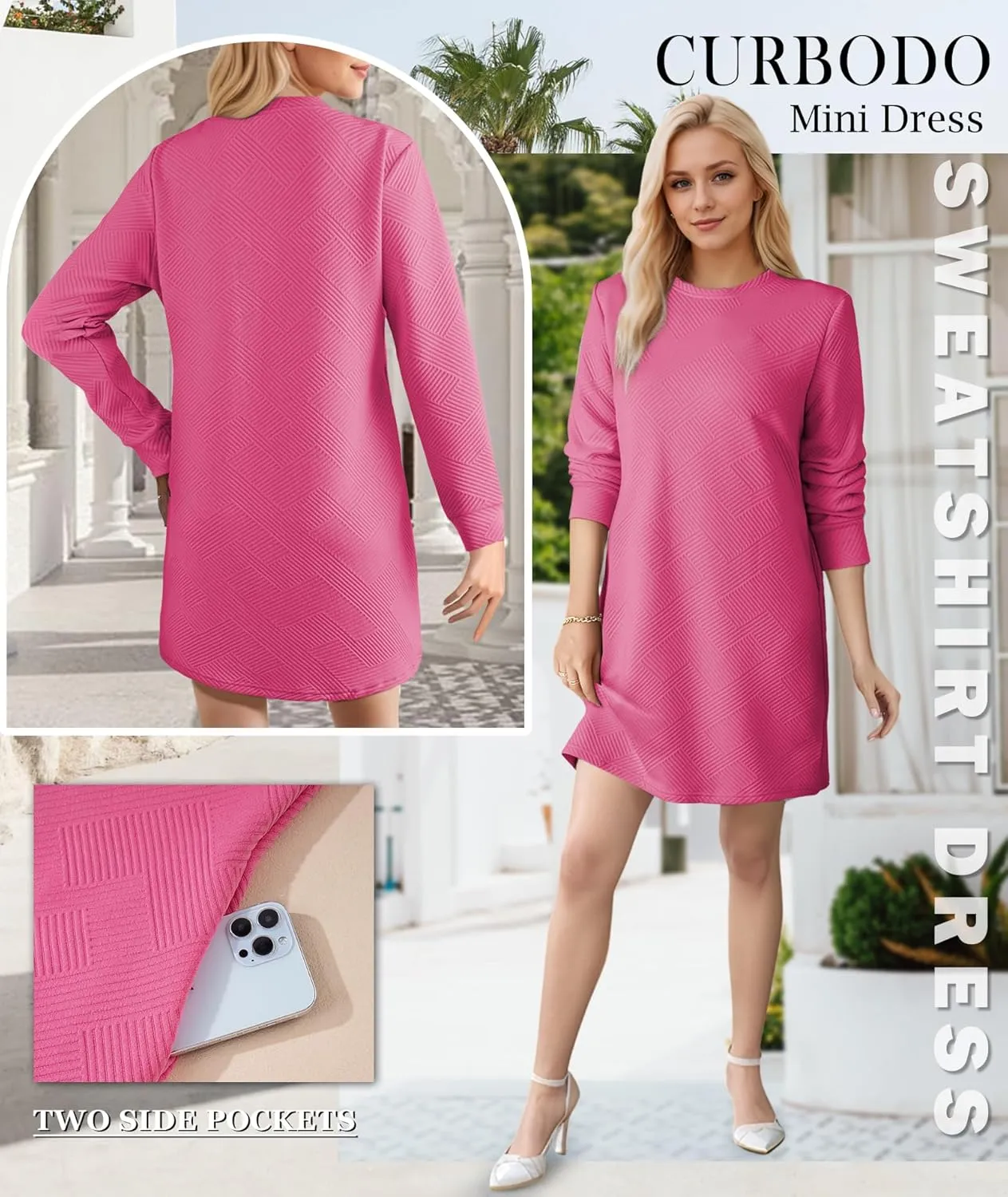 Women's Pullover Sweatshirt Dress Crewneck Long Sleeve 2025 Trendy Fall Casual Textured Mini Dresses with Pockets