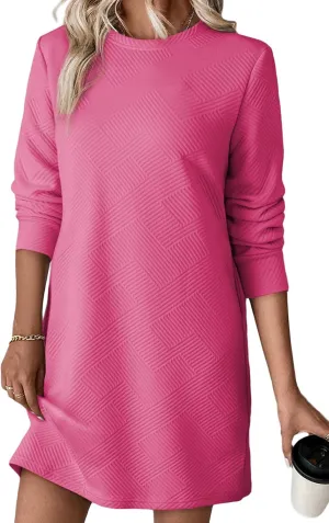 Women's Pullover Sweatshirt Dress Crewneck Long Sleeve 2025 Trendy Fall Casual Textured Mini Dresses with Pockets