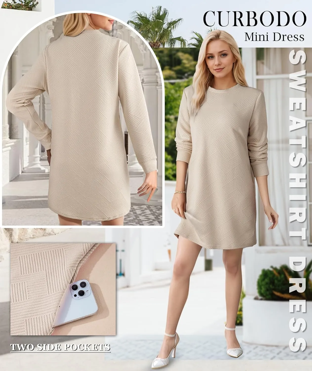 Women's Pullover Sweatshirt Dress Crewneck Long Sleeve 2025 Trendy Fall Casual Textured Mini Dresses with Pockets