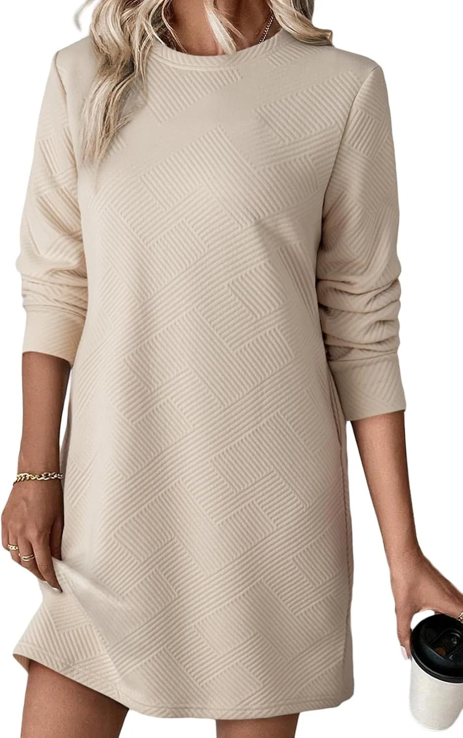 Women's Pullover Sweatshirt Dress Crewneck Long Sleeve 2025 Trendy Fall Casual Textured Mini Dresses with Pockets