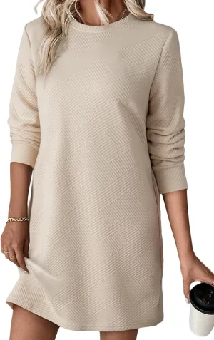 Women's Pullover Sweatshirt Dress Crewneck Long Sleeve 2025 Trendy Fall Casual Textured Mini Dresses with Pockets