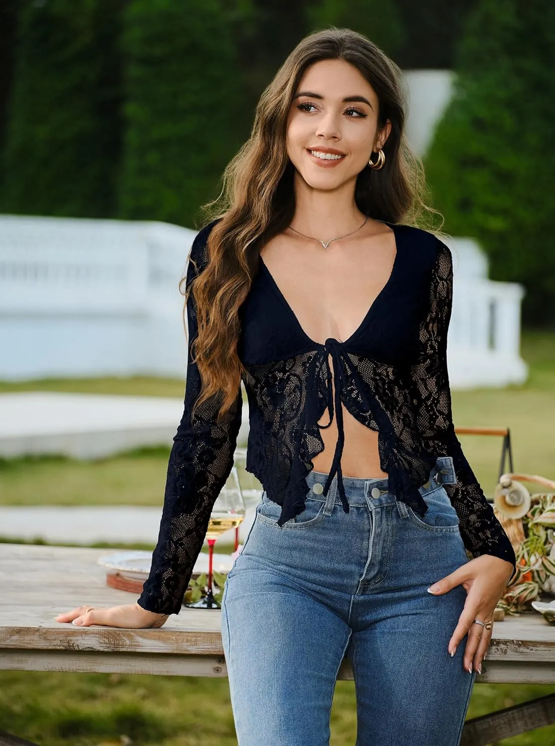 Women's Sexy Open Front Tie Long Sleeve Ruffle Trim Sheer Mesh Lace Crop Tops Blouses