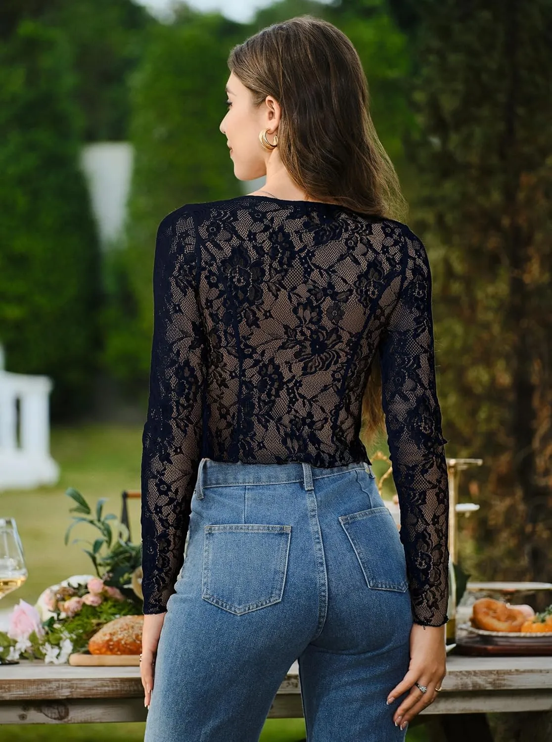 Women's Sexy Open Front Tie Long Sleeve Ruffle Trim Sheer Mesh Lace Crop Tops Blouses