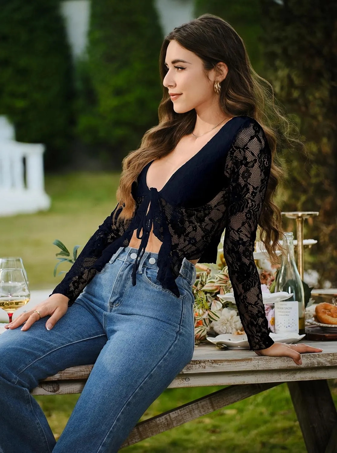 Women's Sexy Open Front Tie Long Sleeve Ruffle Trim Sheer Mesh Lace Crop Tops Blouses