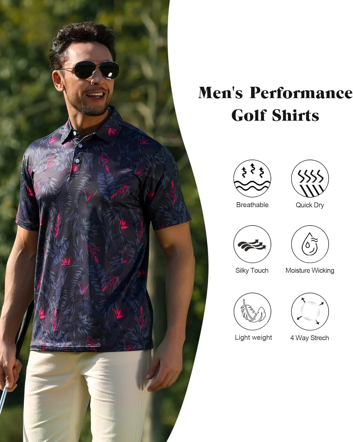 zeetoo Mens Golf Polo Shirt Hawaiian Polo Shirts for Men Moisture Wicking Dry Fit Soft Breathable Short Sleeve 4-Way Stretch
